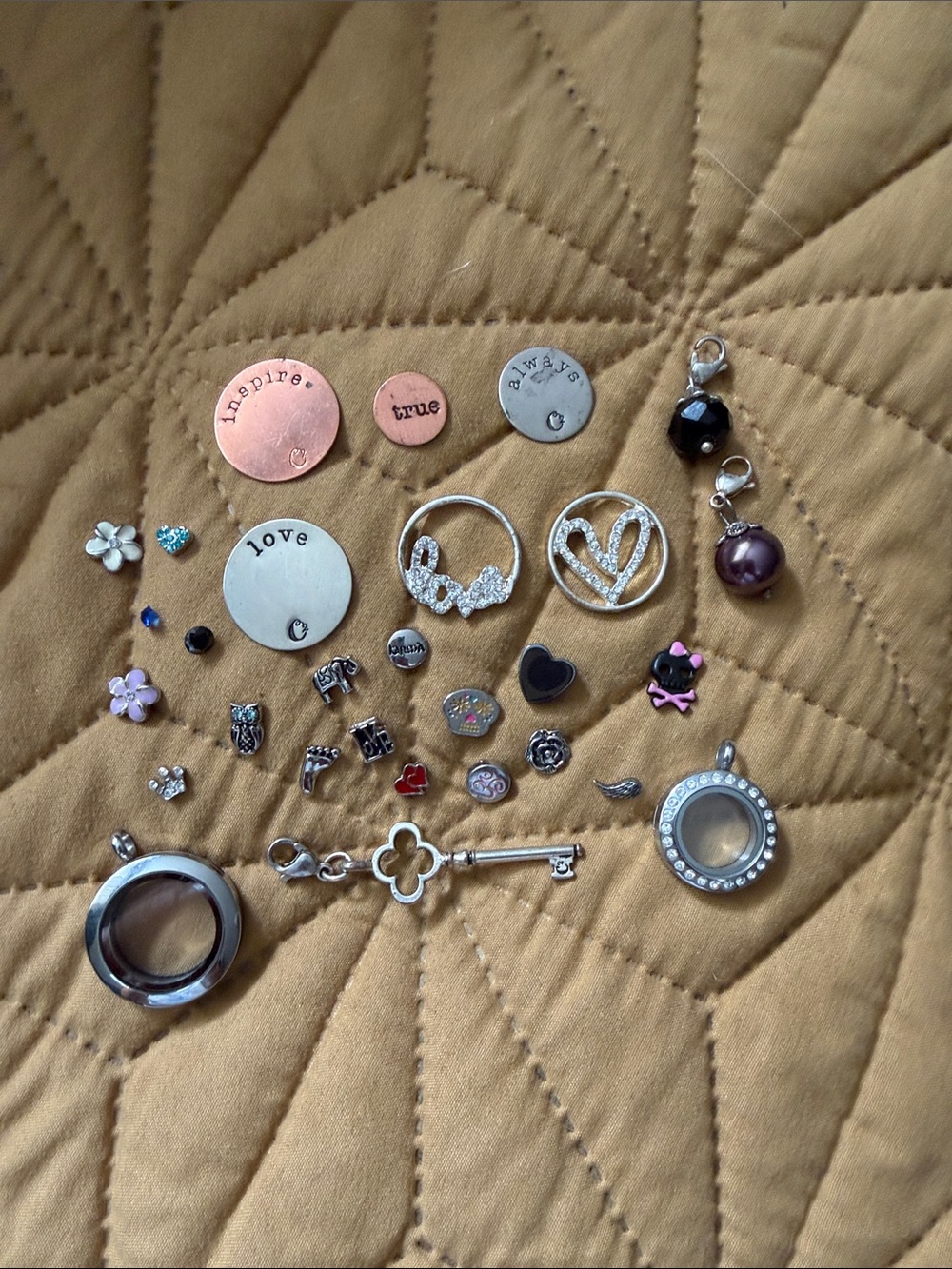 Two Origami Owl lockets with Assorted Charms - Love & Inspire Accents